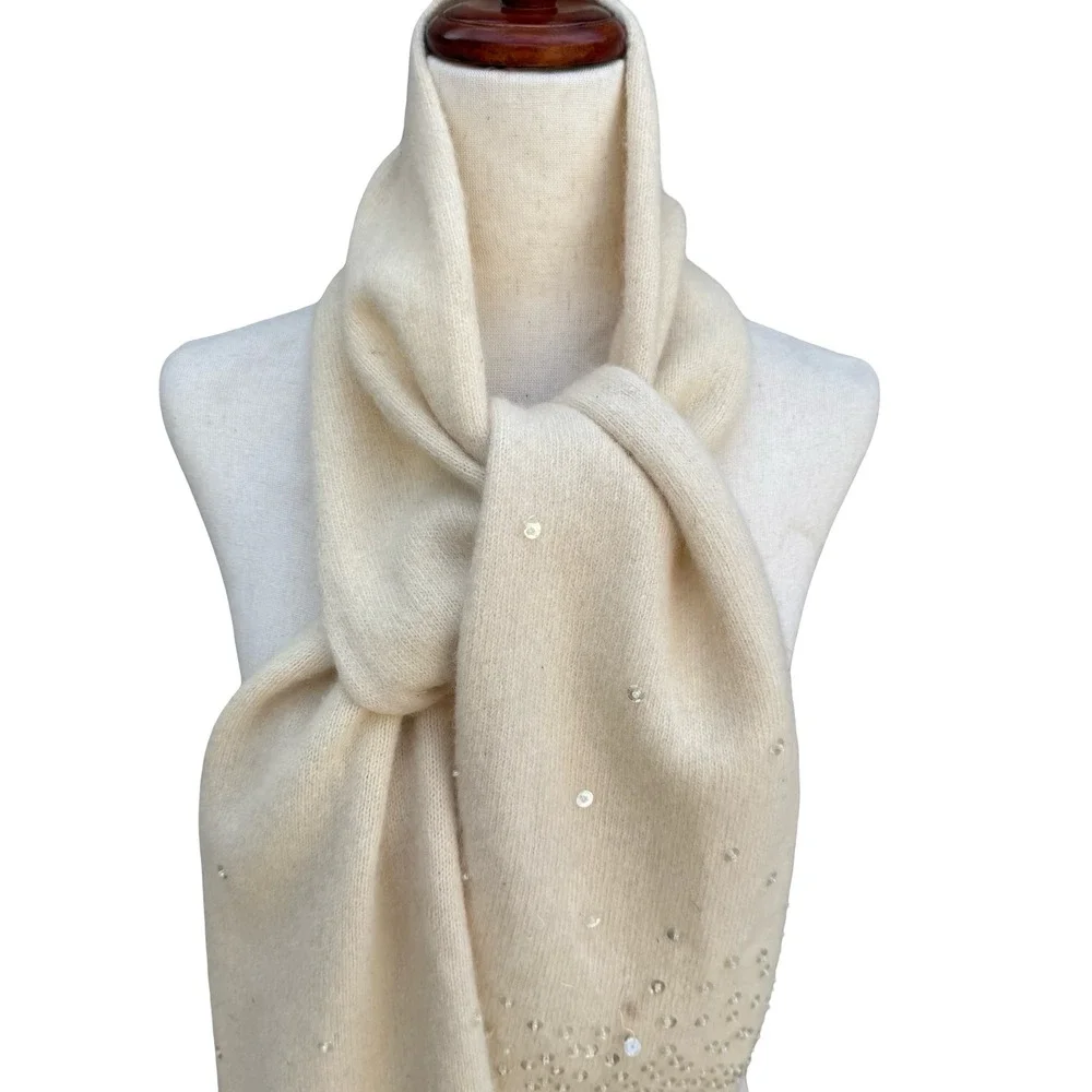 H&M Lambswool Angora Blend Sequin Knit Scarf Cream‎ Ivory Soft Shimmer Sparkle